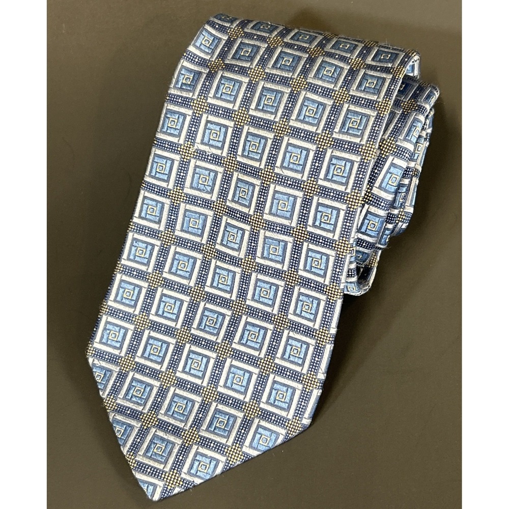 Paul Fredrick Italian Silk Necktie Blue yellow Geometric Pattern 59x3.75
